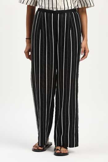 Buy_ABRAHAM AND THAKORE_Black Chanderi Embroidery Tape Stripe Trouser _Online_at_Aza_Fashions