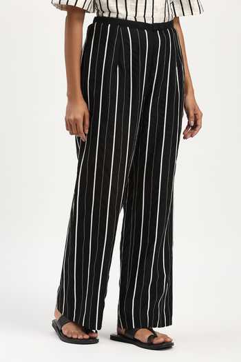 Shop_ABRAHAM AND THAKORE_Black Chanderi Embroidery Tape Stripe Trouser _Online_at_Aza_Fashions