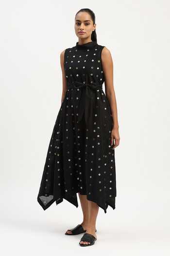 ABRAHAM AND THAKORE_Black Chanderi Sequins High Neck Dot Long Dress _Online_at_Aza_Fashions