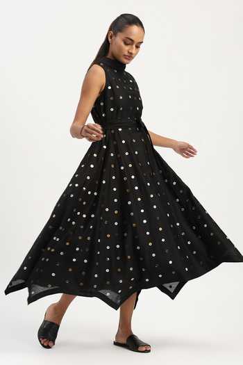 Buy_ABRAHAM AND THAKORE_Black Chanderi Sequins High Neck Dot Long Dress _Online_at_Aza_Fashions