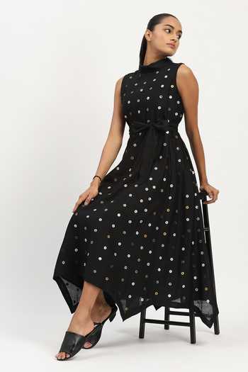 Shop_ABRAHAM AND THAKORE_Black Chanderi Sequins High Neck Dot Long Dress _Online_at_Aza_Fashions