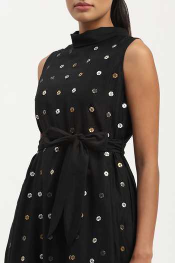 ABRAHAM AND THAKORE_Black Chanderi Sequins High Neck Dot Long Dress _at_Aza_Fashions