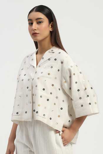 ABRAHAM AND THAKORE_Ivory Chanderi Sequins Notched Neck Dot Embroidered Shirt _Online_at_Aza_Fashions