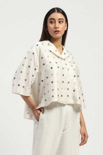 Buy_ABRAHAM AND THAKORE_Ivory Chanderi Sequins Notched Neck Dot Embroidered Shirt _Online_at_Aza_Fashions