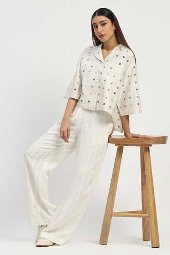 Shop_ABRAHAM AND THAKORE_Ivory Chanderi Sequins Notched Neck Dot Embroidered Shirt _Online_at_Aza_Fashions