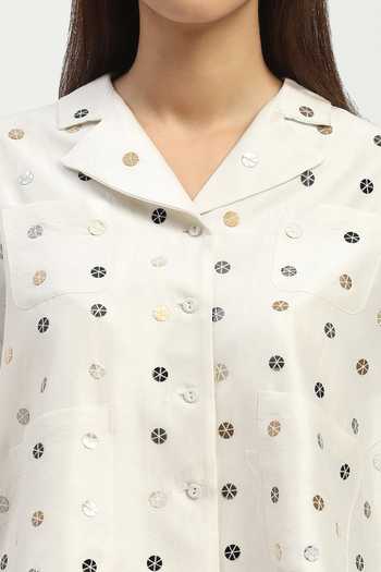 ABRAHAM AND THAKORE_Ivory Chanderi Sequins Notched Neck Dot Embroidered Shirt _at_Aza_Fashions