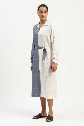 ABRAHAM AND THAKORE_Blue Cotton, Tencel Cut Work Collared Schiffli Dress _Online_at_Aza_Fashions