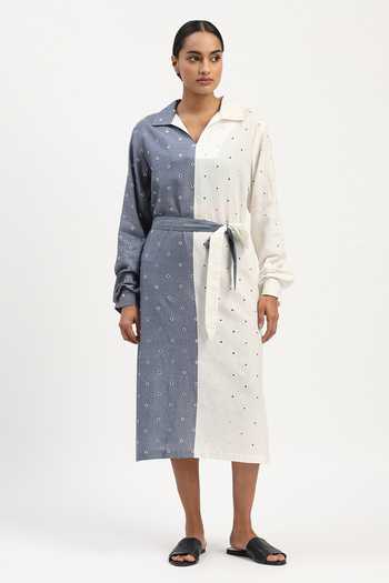 Buy_ABRAHAM AND THAKORE_Blue Cotton, Tencel Cut Work Collared Schiffli Dress _Online_at_Aza_Fashions