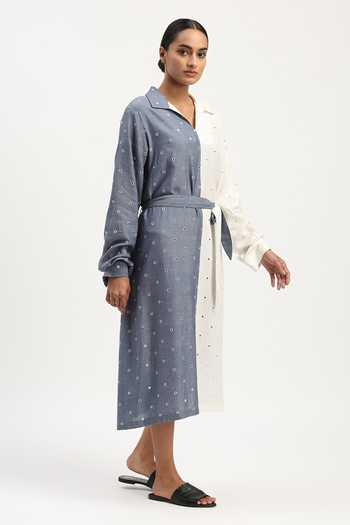Shop_ABRAHAM AND THAKORE_Blue Cotton, Tencel Cut Work Collared Schiffli Dress _Online_at_Aza_Fashions
