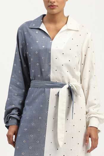 ABRAHAM AND THAKORE_Blue Cotton, Tencel Cut Work Collared Schiffli Dress _at_Aza_Fashions
