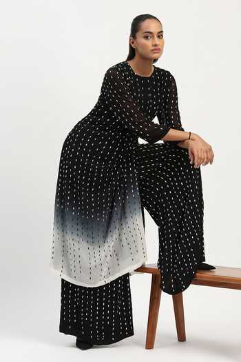 Shop_ABRAHAM AND THAKORE_Black Georgette Embroidery Round Neck Ombre Kurta _Online_at_Aza_Fashions