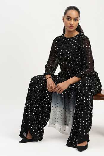 ABRAHAM AND THAKORE_Black Georgette Embroidery Round Neck Ombre Kurta _at_Aza_Fashions