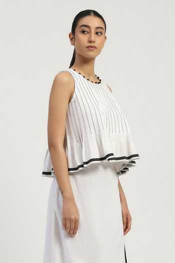 Abraham And Thakore_Black Cotton Round Neck Pleated Top _Online_at_Aza_Fashions