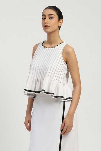Shop_Abraham And Thakore_Black Cotton Round Neck Pleated Top _Online_at_Aza_Fashions