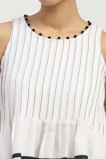Abraham And Thakore_Black Cotton Round Neck Pleated Top _at_Aza_Fashions