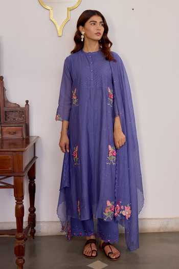 Shop_Beige_Blue Chanderi, Cotton Satin Embroidery, Sequins, Beads, Applique Kurta Set _Online_at_Aza_Fashions