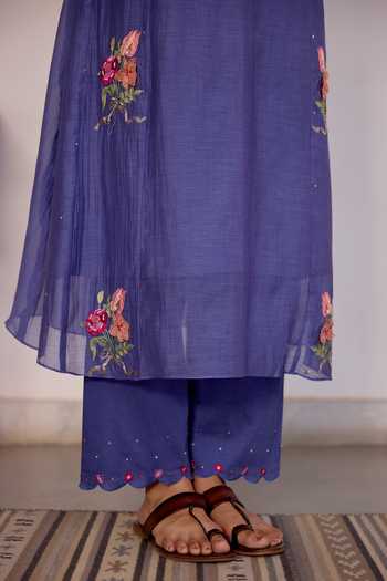 Beige_Blue Chanderi, Cotton Satin Embroidery, Sequins, Beads, Applique Kurta Set _at_Aza_Fashions