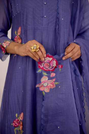 Shop_Beige_Blue Chanderi, Cotton Satin Embroidery, Sequins, Beads, Applique Kurta Set 