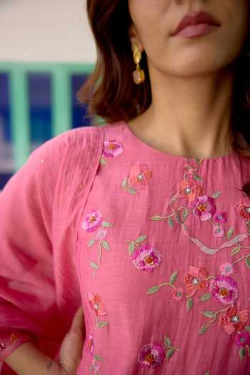 Buy_Beige_Pink Chanderi, Cotton Satin Embroidery, Sequins, Beads, Pure Mul Kurta Set _Online_at_Aza_Fashions