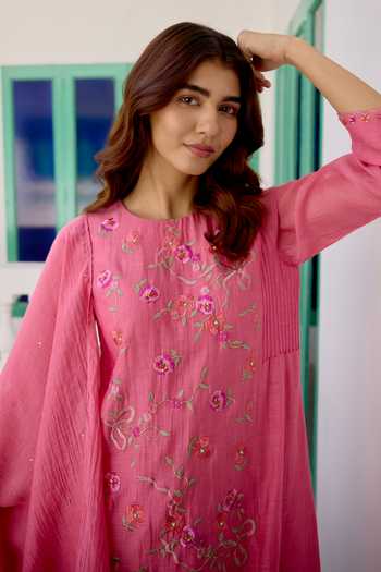 Buy_Beige_Pink Chanderi, Cotton Satin Embroidery, Sequins, Beads, Pure Mul Kurta Set 