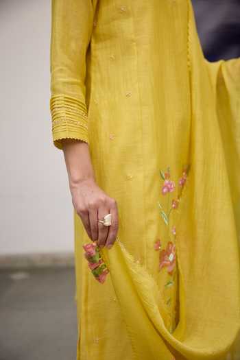 Beige_Yellow Chanderi, Cotton Satin Embroidery, Sequins, Beads, Mul Kurta Set _Online_at_Aza_Fashions
