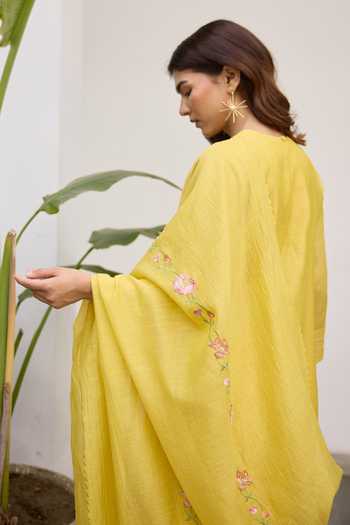Beige_Yellow Chanderi, Cotton Satin Embroidery, Sequins, Beads, Mul Kurta Set _at_Aza_Fashions