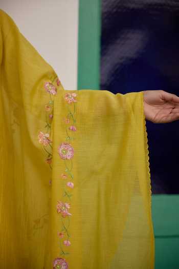Shop_Beige_Yellow Chanderi, Cotton Satin Embroidery, Sequins, Beads, Mul Kurta Set 