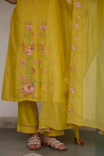Shop_Beige_Yellow Chanderi, Cotton Satin Embroidery, Sequins, Beads, Mul Kurta Set 