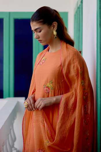 Beige_Orange Chanderi, Cotton Satin Embroidery, Sequins, Beads, Pearls Mul Kurta Set _Online_at_Aza_Fashions