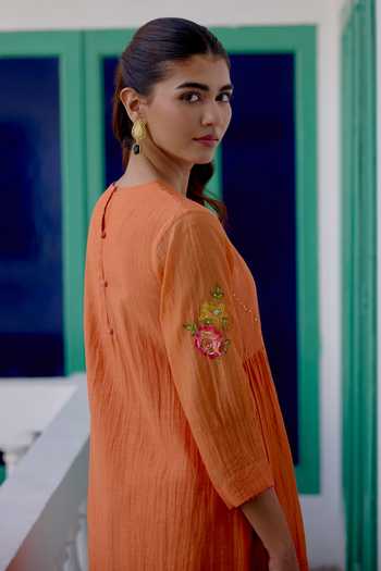 Buy_Beige_Orange Chanderi, Cotton Satin Embroidery, Sequins, Beads, Pearls Mul Kurta Set _Online_at_Aza_Fashions