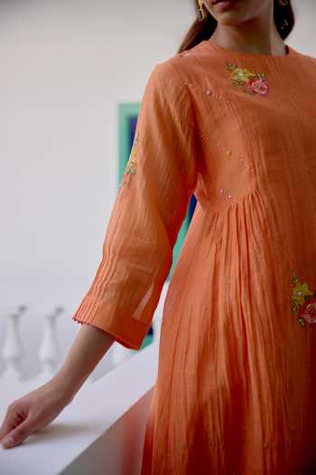 Shop_Beige_Orange Chanderi, Cotton Satin Embroidery, Sequins, Beads, Pearls Mul Kurta Set _Online_at_Aza_Fashions