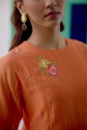 Beige_Orange Chanderi, Cotton Satin Embroidery, Sequins, Beads, Pearls Mul Kurta Set _at_Aza_Fashions