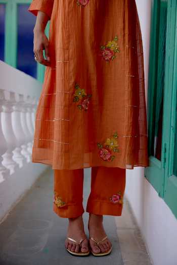 Buy_Beige_Orange Chanderi, Cotton Satin Embroidery, Sequins, Beads, Pearls Mul Kurta Set 