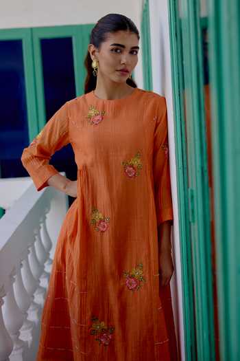 Shop_Beige_Orange Chanderi, Cotton Satin Embroidery, Sequins, Beads, Pearls Mul Kurta Set 