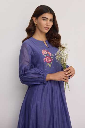 Beige_Blue Chanderi Embroidery, Sequins, Beads Split Hand Tiered Pure Mul Dress _Online_at_Aza_Fashions