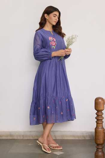 Buy_Beige_Blue Chanderi Embroidery, Sequins, Beads Split Hand Tiered Pure Mul Dress _Online_at_Aza_Fashions