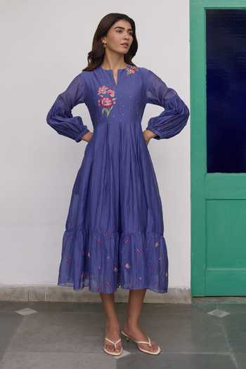 Shop_Beige_Blue Chanderi Embroidery, Sequins, Beads Split Hand Tiered Pure Mul Dress _Online_at_Aza_Fashions