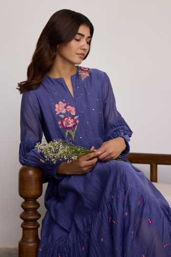 Beige_Blue Chanderi Embroidery, Sequins, Beads Split Hand Tiered Pure Mul Dress _at_Aza_Fashions