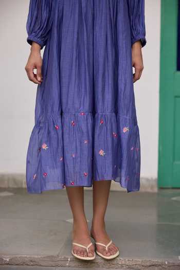 Buy_Beige_Blue Chanderi Embroidery, Sequins, Beads Split Hand Tiered Pure Mul Dress 