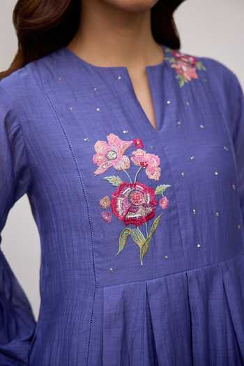 Shop_Beige_Blue Chanderi Embroidery, Sequins, Beads Split Hand Tiered Pure Mul Dress 