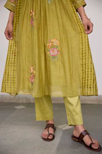 Shop_Beige_Pink Chanderi, Cotton Satin Embroidery, Sequins, Beads Hand Kurta And Pant Set _Online_at_Aza_Fashions