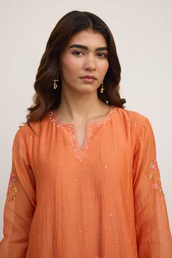 Beige_Orange Chanderi Embroidery, Sequins, Beads, Applique Split Pure Mul Dress _Online_at_Aza_Fashions