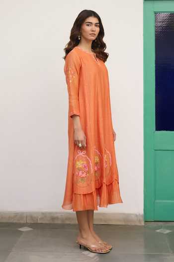 Buy_Beige_Orange Chanderi Embroidery, Sequins, Beads, Applique Split Pure Mul Dress _Online_at_Aza_Fashions