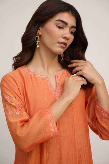 Shop_Beige_Orange Chanderi Embroidery, Sequins, Beads, Applique Split Pure Mul Dress _Online_at_Aza_Fashions