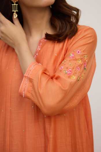 Beige_Orange Chanderi Embroidery, Sequins, Beads, Applique Split Pure Mul Dress _at_Aza_Fashions