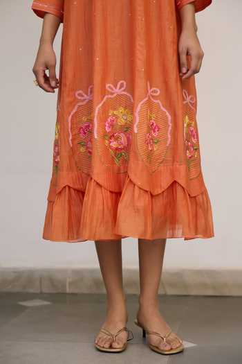 Buy_Beige_Orange Chanderi Embroidery, Sequins, Beads, Applique Split Pure Mul Dress 