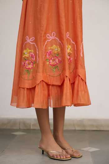 Shop_Beige_Orange Chanderi Embroidery, Sequins, Beads, Applique Split Pure Mul Dress 