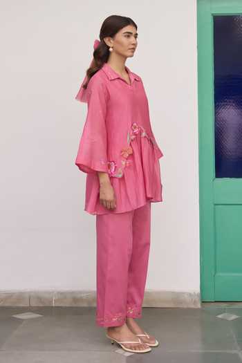 Beige_Pink Chanderi, Cotton Satin Embroidery, Sequins, Beads, Mul Top And Pant Set _Online_at_Aza_Fashions