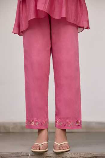 Buy_Beige_Pink Chanderi, Cotton Satin Embroidery, Sequins, Beads, Mul Top And Pant Set _Online_at_Aza_Fashions