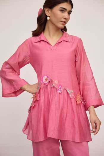 Shop_Beige_Pink Chanderi, Cotton Satin Embroidery, Sequins, Beads, Mul Top And Pant Set _Online_at_Aza_Fashions